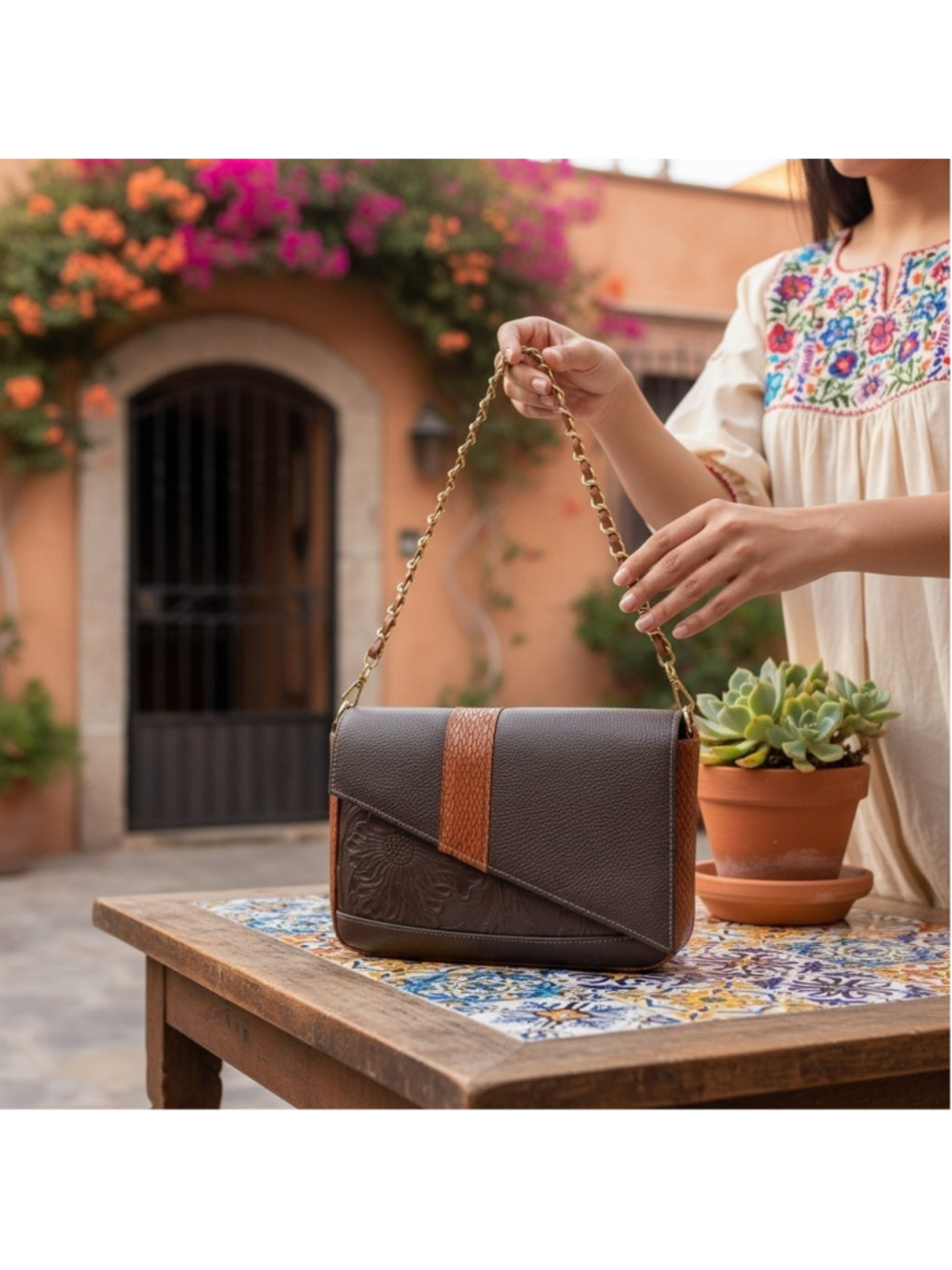 2 Straps Dark Chocolate Brown Embossed Tooled Artisan LEATHER Crossbody Purse